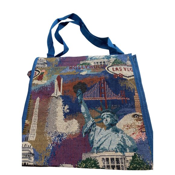 Bovano USA Tapestry Tote Bag With Zipper & Handles Featuring Iconic Landmarks - Picture 3 of 4
